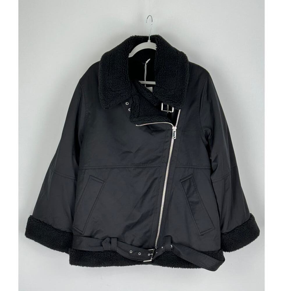 & Other Stories Stockholm Aviator Jacket Womens Large Black New Faux Shearling - Picture 5 of 16
